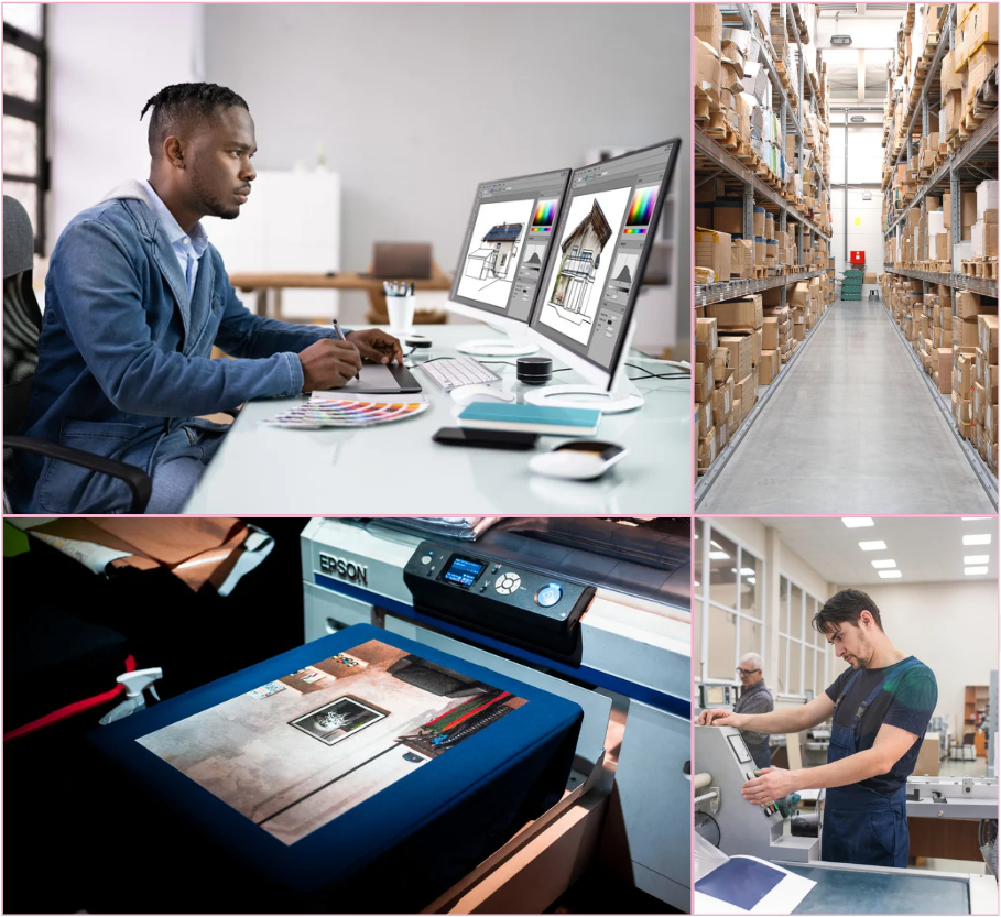 Mic Drop Creative designer working on custom product visuals and packaging designs on dual monitors.